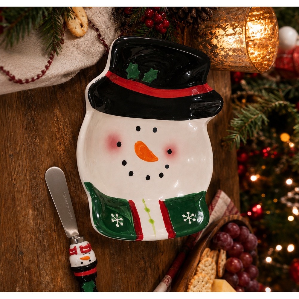 Sleigh Bell Bistro Snowman dish and Spreader Christmas Serving Set NWT